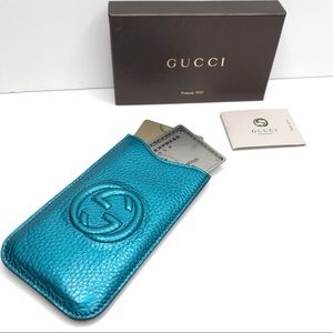 New AUTHENTIC Gucci GG Metallic Blue Leather Case